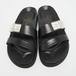 Pre Owned Alexander McQueen Black Leather Crystal Embellished Slides Size 38