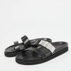 Pre Owned Alexander McQueen Black Leather Crystal Embellished Slides Size 38