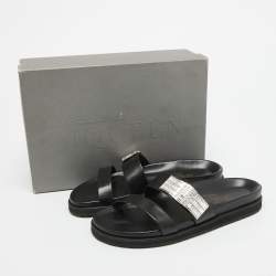 Pre Owned Alexander McQueen Black Leather Crystal Embellished Slides Size 38