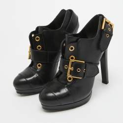 Alexander McQueen Black Leather Eyelet Buckle Booties Size 40