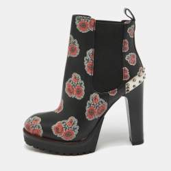 Alexander McQueen Black/Red Floral Print Leather Studded Ankle Boots Size 36