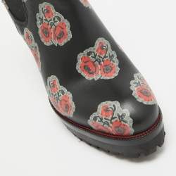 Alexander McQueen Black/Red Floral Print Leather Studded Ankle Boots Size 36