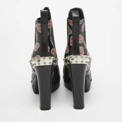 Alexander McQueen Black/Red Floral Print Leather Studded Ankle Boots Size 36