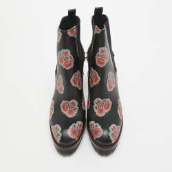 Alexander McQueen Black/Red Floral Print Leather Studded Ankle Boots Size 36