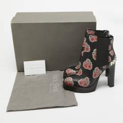 Alexander McQueen Black/Red Floral Print Leather Studded Ankle Boots Size 36