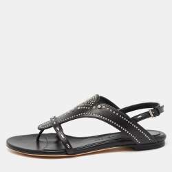 Pre Owned Alexander McQueen Black Leather Studded Flat Sandals Size 38