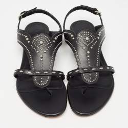 Pre Owned Alexander McQueen Black Leather Studded Flat Sandals Size 38