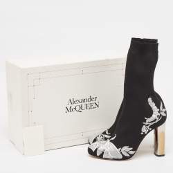 Alexander McQueen Blac Knit Fabric Embroidered Ankle Boots Size 37