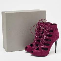 Pre Owned Alexander McQueen Burgundy Cut Out Suede Studded Ankle Booties Size 37.5