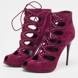 Pre Owned Alexander McQueen Burgundy Cut Out Suede Studded Ankle Booties Size 37.5