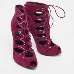 Pre Owned Alexander McQueen Burgundy Cut Out Suede Studded Ankle Booties Size 37.5