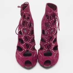 Pre Owned Alexander McQueen Burgundy Cut Out Suede Studded Ankle Booties Size 37.5