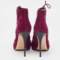 Pre Owned Alexander McQueen Burgundy Cut Out Suede Studded Ankle Booties Size 37.5