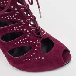 Pre Owned Alexander McQueen Burgundy Cut Out Suede Studded Ankle Booties Size 37.5