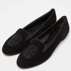 Pre Owned Alexander McQueen Black Suede Sequin Skull Smoking Slippers Size 39