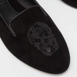 Pre Owned Alexander McQueen Black Suede Sequin Skull Smoking Slippers Size 39