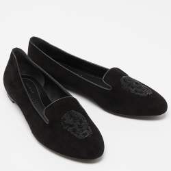 Pre Owned Alexander McQueen Black Suede Sequin Skull Smoking Slippers Size 39