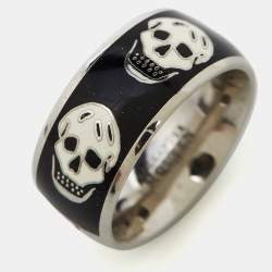Alexander McQueen Silver Tone Black Enamel Skull Ring Size 55