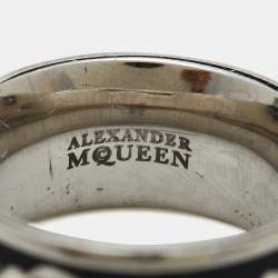 Alexander McQueen Silver Tone Black Enamel Skull Ring Size 55