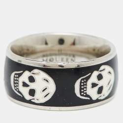 Alexander McQueen Silver Tone Black Enamel Skull Ring Size 55