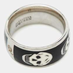 Alexander McQueen Silver Tone Black Enamel Skull Ring Size 55