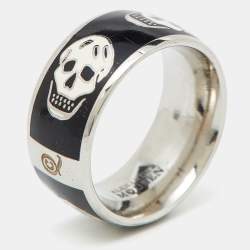Alexander McQueen Silver Tone Black Enamel Skull Ring Size 55