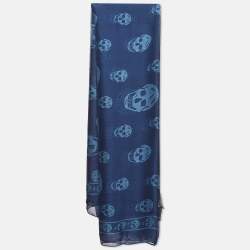 Alexander McQueen Blue Skull Print Chiffon Silk Scarf