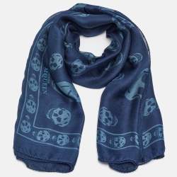 Alexander McQueen Blue Skull Print Chiffon Silk Scarf