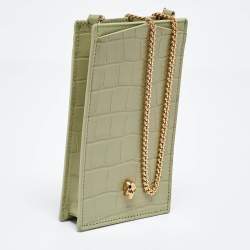 Alexander McQueen Light Green Croc Embossed Leather Skull Phone Case