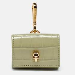 Pre Owned Alexander McQueen Light Green Croc Embossed Leather Skull Air Pod Pro Case