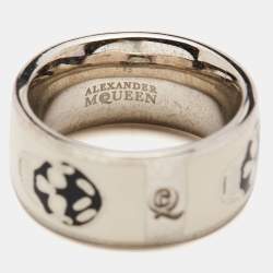 Alexander McQueen Silver Tone Black/White Enamel Skull Ring Size 55