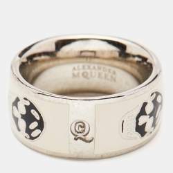 Alexander McQueen Silver Tone Black/White Enamel Skull Ring Size 55