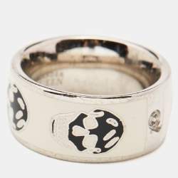 Alexander McQueen Silver Tone Black/White Enamel Skull Ring Size 55