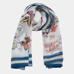 Alexander McQueen Blue Butterfly Print Silk Chiffon Scarf