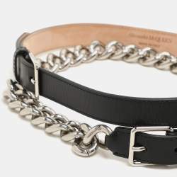 Alexander McQueen Black Leather and Chain Skinny Double Waist Belt 70CM