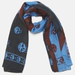 Alexander McQueen Blue Skull Print Modal Blend Scarf