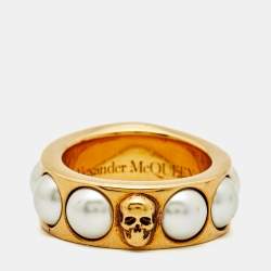 Alexander McQueen Faux Pearl Gold Tone Skull Ring Size 53