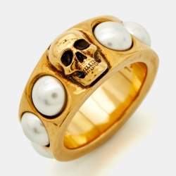 Alexander McQueen Faux Pearl Gold Tone Skull Ring Size 53