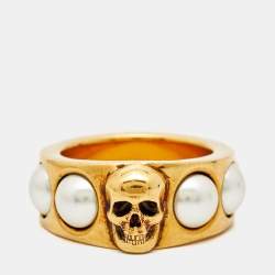 Alexander McQueen Faux Pearl Gold Tone Skull Ring Size 53