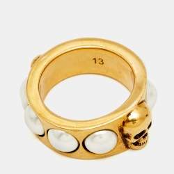 Alexander McQueen Faux Pearl Gold Tone Skull Ring Size 53