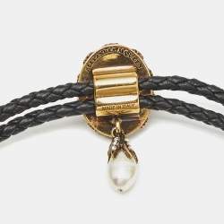 Pre Owned Alexander McQueen Jewel Friendship Adjustable Nappa Leather Gold Tone Bracelet