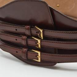 Pre Owned Alexander McQueen Dark Brown Leather Triple Buckle Wide Waist Belt 70CM