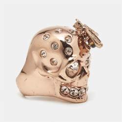 Pre Owned Alexander McQueen Skull Bee Enamel Crystals Rose Gold Tone Ring Size 55