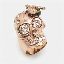 Pre Owned Alexander McQueen Skull Bee Enamel Crystals Rose Gold Tone Ring Size 55