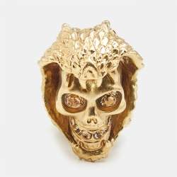 Pre Owned Alexander McQueen Skull and Snake Crystals Gold Tone Ring Size 52
