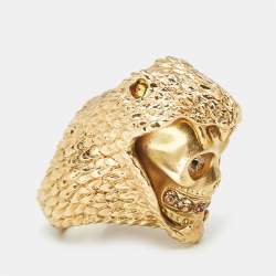 Pre Owned Alexander McQueen Skull and Snake Crystals Gold Tone Ring Size 52