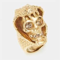 Pre Owned Alexander McQueen Skull and Snake Crystals Gold Tone Ring Size 52