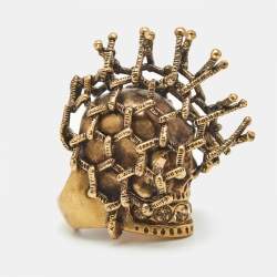 Pre Owned Alexander McQueen Skull Crystals Gold Tone Ring Size 55