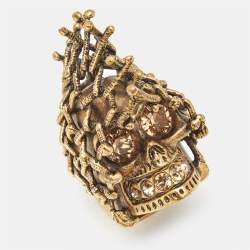 Pre Owned Alexander McQueen Skull Crystals Gold Tone Ring Size 55