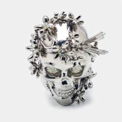 Pre Owned Alexander McQueen Skull Crystals Silver Tone Ring Size 53